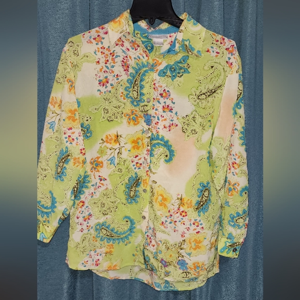 Soft Surroundings Silk Button Down Long Sleeve Shirt Paisley Boho Blouse SP